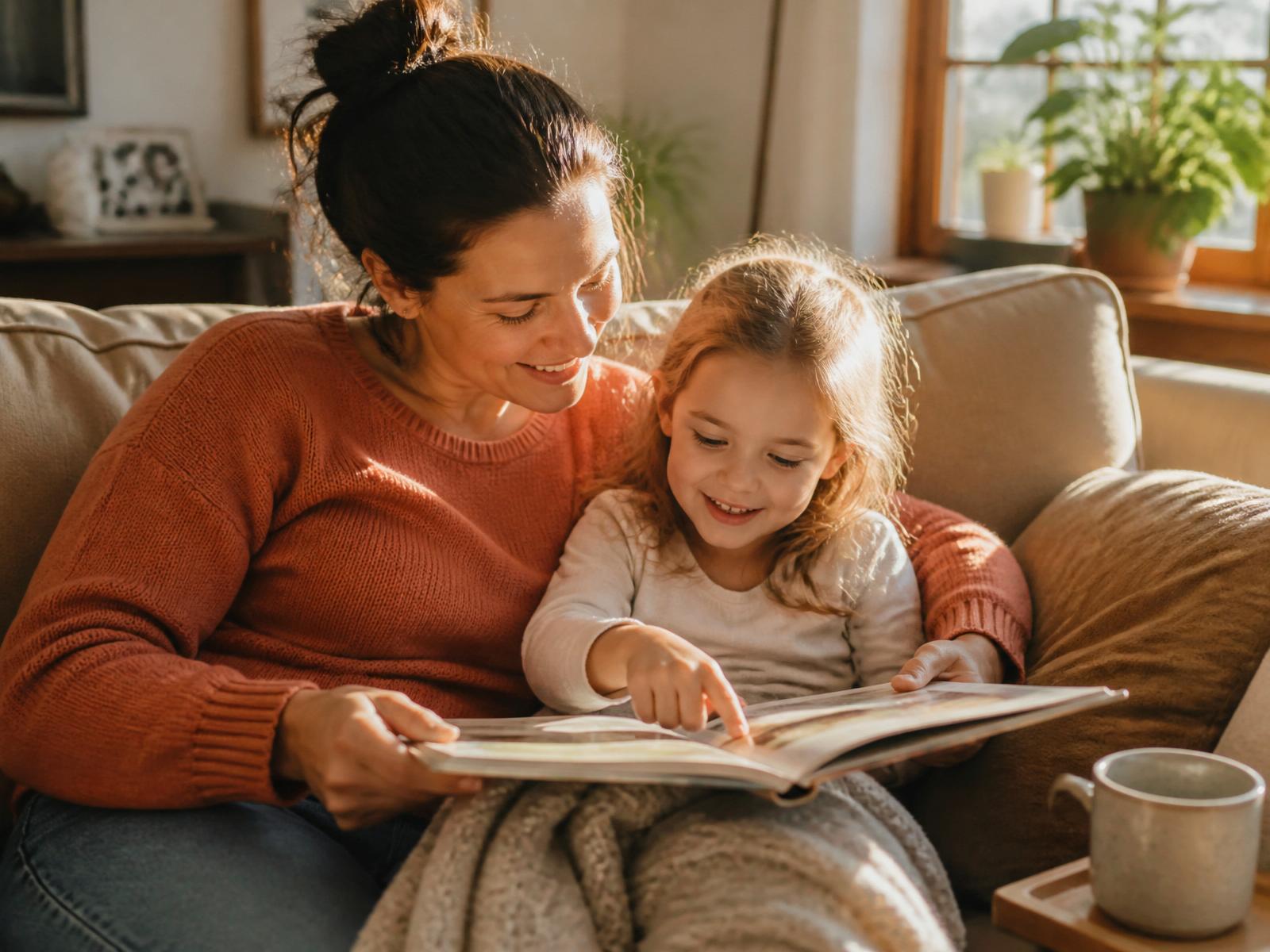A parent and child exploring a book together on a family outing