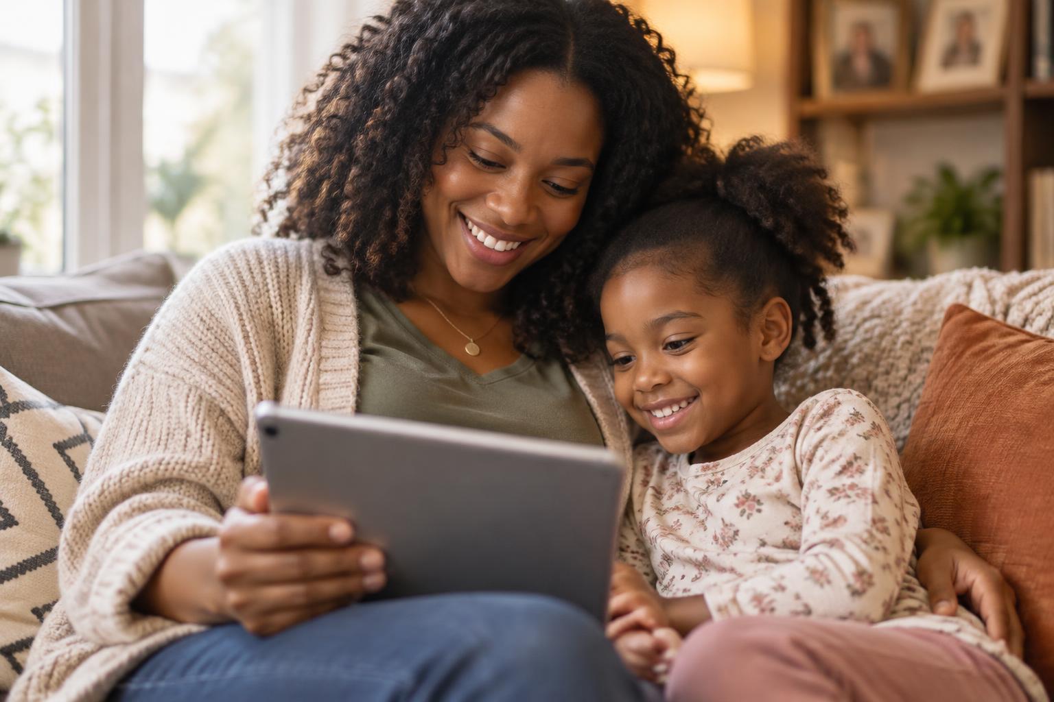 A parent and child reading together on a tablet at home